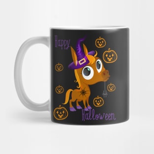 Whimsical Halloween: Funny baby horse in a wizard hat with spiderweb tattoo, chewing gum spider, and Jack-o'-Lantern - Happy Halloween Mug